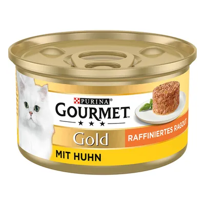 Purina Gourmet Gold Raffiniertes Ragout mit Huhn, Katzenfutter in einer goldenen Dose.