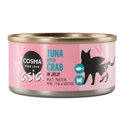 COSMA Pure Love asia, TUNA WITH CRAB IN JELLY, MULTI PROTEIN PURE FISH & SEAFOOD - kissan märkäruokapurkki vaaleanpunaisella etiketillä, siluettikissa ja kalasymbolit näkyvissä