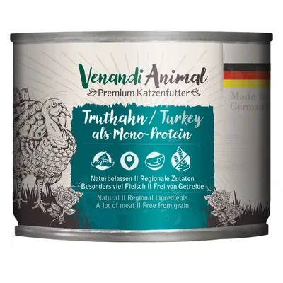 Venandi Animal Premium Katzenfutter, Truthahn/Turkey als Mono-Protein. Naturbelassen, régionales ingrédients, beaucoup de viande, sans céréales. Made in Germany visible sur l’étiquette.