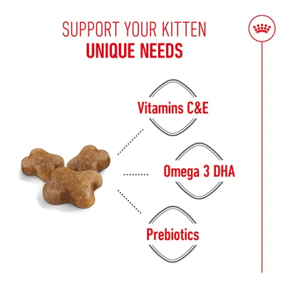 Cat food with the following features: vitamins C & E, omega 3 DHA, prebiotics. Text: Support your kitten's unique needs.