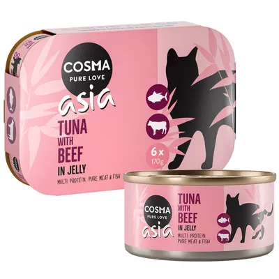 Cosma Asia Tuna with Beef in Jelly, 6 x 170 г. Кутия и консерва с изображение на котка, риба и крава. Видим текст: Multi Protein. Pure Meat & Fish.
