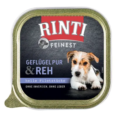 Envase de comida húmeda para perros Rinti Finest. Texto visible: Geflügel pur & Reh, helle Filetstücke, ohne Innereien, ohne Leber.