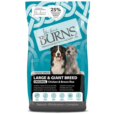 Burns Large & Giant Breed Original Chicken & Brown Rice. Holistic nutrition, hypoallergenic, easy to digest, ideal for sensitive dogs, healthy skin and coat, avoids toxic build-up.