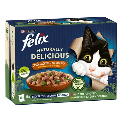 Purina Felix Naturally Delicious. Válogatott ízek zöldségekkel zselében. Színezék nélkül, marhával és répával, csirkével és zöldbabbal. 5x falatkák.