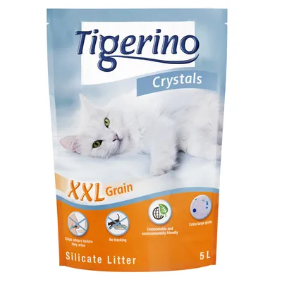 Tigerino Crystals XXL Grain Silicate Litter 5 l, kompostovatelné a šetrné k životnímu prostředí, extra velká zrna, zastavuje zápach, bez roznášení steliva.