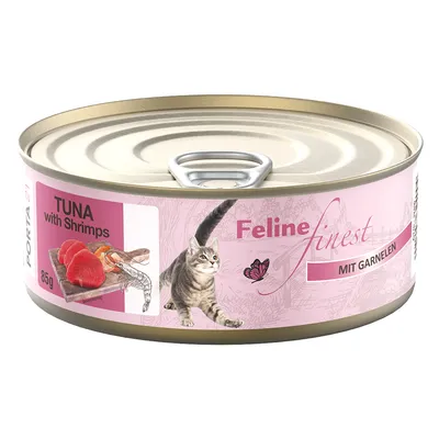 Porta 21 Feline Finest, tunfisk med rejer, 85g dåse. Billede af tunfisk og rejer samt en kat på lyserød baggrund.