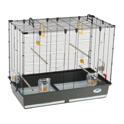 Wire cage with four perches, four clear food containers, two yellow hanging accessories, and a grey plastic base with pull-out trays.