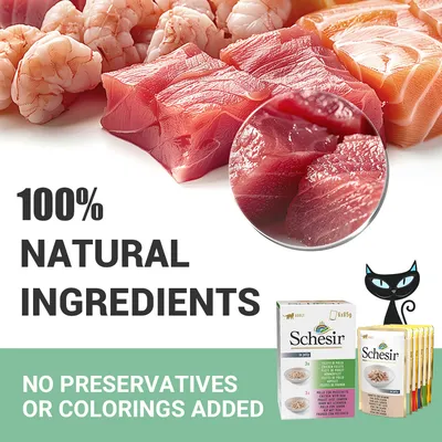 Schesir. 100% NATURAL INGREDIENTS. NO PRESERVATIVES OR COLORINGS ADDED. Text v angličtine, balenia Schesir, surové kúsky rýb a kreviet, kreslená mačka.