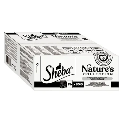Boîte Sheba Nature's Collection, 96 x 85 g, texte visible : sélection de viandes, en sauce, certification MSC, logo feuille, informations multilingues sur l'emballage.