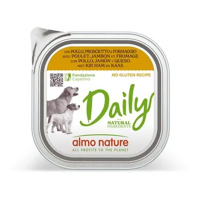almo nature Daily hondenvoer, met kip, ham en kaas. No gluten recipe. Fondazione Capellino. Met afbeelding van twee honden op de verpakking.