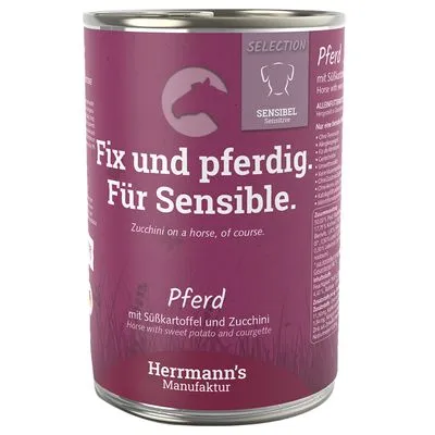 Herrmann's Manufaktur Selection Sensibel natvoer, paard met zoete aardappel en courgette. Tekst op blik deels in het Duits en Engels zichtbaar.