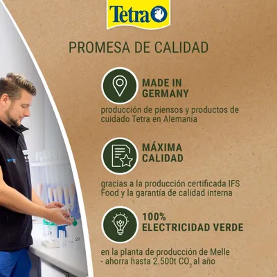 Tetra promesa de calidad: Fabricado en Alemania, máxima calidad gracias a la certificación IFS Food, 100% energía ecológica en la planta de producción de Melle, ahorra hasta 2.500 t de CO₂ al año. Tetra promesa de calidad: Fabricado en Alemania, máxima calidad gracias a la certificación IFS Food, 100% energía ecológica en la planta de producción de Melle, ahorra hasta 2.500 t de CO₂ al año.