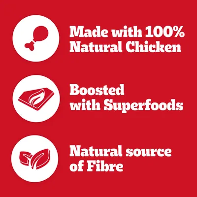 Made with 100% Natural Chicken. Boosted with Superfoods. Natural source of Fibre. Text på engelska.