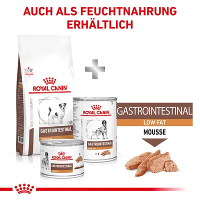 Royal Canin Gastrointestinal Low Fat Trocken- und Feuchtnahrung, auch als Mousse erhältlich. Verpackungen mit Hundebildern sichtbar.