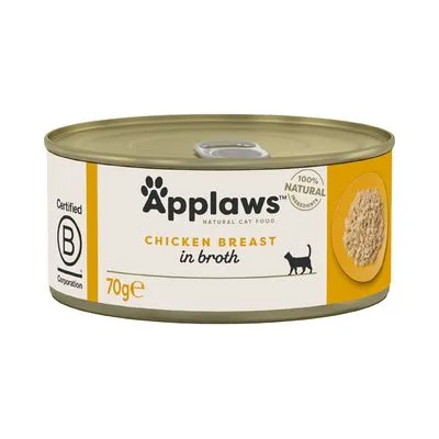 Blik Applaws Natural Cat Food, Chicken Breast in Broth, 70g. Tekst: Certified B Corporation, 100% natural. Afbeelding van kipfilet op de verpakking.