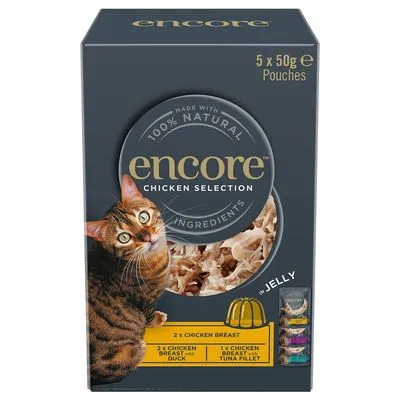 Encore Chicken Selection kattenvoer, 5 x 50g zakjes. Tekst: 100% natural ingredients, 2x kipfilet, 2x kipfilet met eend, 1x kipfilet met tonijnfilet, in jelly.