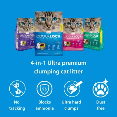 ODORLOCK macskaalom többféle kiszerelésben, kék, lila, rózsaszín és zöld csomagolásban. Látható szöveg: 4-in-1 Ultra premium clumping cat litter, No tracking, Blocks ammonia, Ultra hard clumps, Dust free.