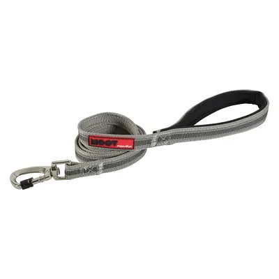Lesă gri pentru câini cu mâner căptușit, carabină metalică și etichetă roșie 'moov4fun'.