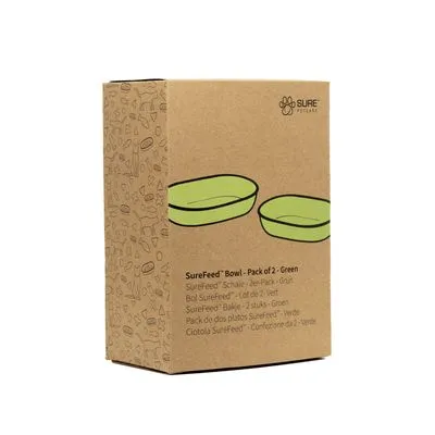 SureFeed Bowl verpakking, set van 2 groene kommen. Merk: Sure Petcare. Tekst op doos: 'SureFeed Bowl - Pack of 2 - Green'. Afbeelding van twee groene kommen zichtbaar.