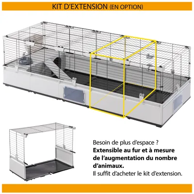 Kit d’extension pour cage à petits animaux, la zone marquée en jaune indique l’unité de cage supplémentaire. Texte : Extensible en cas de besoin d’espace accru grâce à l’achat du kit.