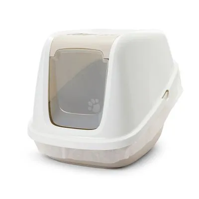 Kattenbak met kap, beige-wit, transparant klapdeurtje met pootafdruk, kunststof materiaal, handgreep aan de zijkant zichtbaar.