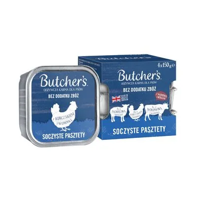 Butcher's hondenvoer, 4x150g. Tekst op verpakking: 'Bez dodatku zbóż', 'z kurczakiem i wątróbką', 'soczyste pasztety'. Britse vlag zichtbaar. Poolse tekst niet vertaald.