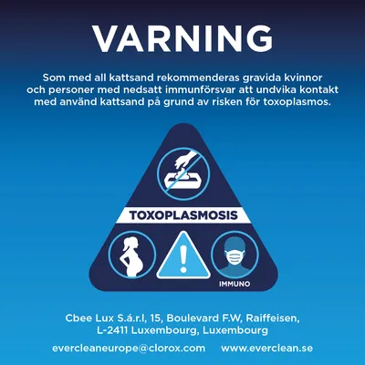 Varning: Gravida och personer med nedsatt immunförsvar bör undvika kontakt med kattsand på grund av risken för toxoplasmos. Tillverkar- och kontaktuppgifter nedan. Varning: Gravida och personer med nedsatt immunförsvar bör undvika kontakt med kattsand på grund av risken för toxoplasmos. Tillverkar- och kontaktuppgifter nedan.