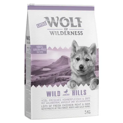 Hundfoderförpackning Little Wolf of Wilderness Wild Hills Junior, 100 % grain-free recipe, lots of fresh chicken meat & duck, vikt 5 kg.