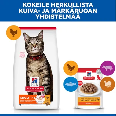 Hill's Science Plan Adult 1-6 kuivaruoka ja märkäruoka kissoille, joissa on kuvia kanasta, naudasta, kalasta ja kalkkunasta. Teksti: Kokeile herkullista kuiva- ja märkäruoan yhdistelmää. Hill's Science Plan Adult 1-6 kuivaruoka ja märkäruoka kissoille, joissa on kuvia kanasta, naudasta, kalasta ja kalkkunasta. Teksti: Kokeile herkullista kuiva- ja märkäruoan yhdistelmää.