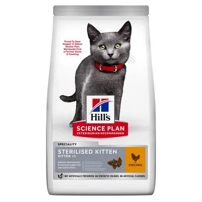 Sac Hill's Science Plan Sterilised Kitten <1 au poulet, image de chat gris, texte en anglais : optimal development & immune support for sterilised kittens, sans colorants ni arômes artificiels.