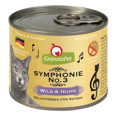 Conservă GranataPet Symphonie No.3 Wild & Huhn, delicatessen pentru pisici, text vizibil: Venison & Chicken, Ohne Getreide grain free, Hergestellt in Deutschland, imagine pisică pe ambalaj.