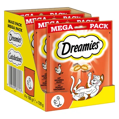 Dreamies Mega Pack, 4 opakowania po 180 g, smak kurczaka. Widoczne logo Dreamies i ilustracja kota. Łączna waga 720 g.