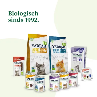 Yarrah biologisch kattenvoer assortiment, inclusief droogvoer, natvoer en snacks. Tekst: Biologisch sinds 1992.