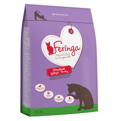 Sac de croquettes Feringa pour chats stérilisés, volaille, 6,5 kg. Texte visible : Sterilised Geflügel Poultry, wertvolle Proteine, getreidefrei, Gewichtskontrolle, Harnwege.