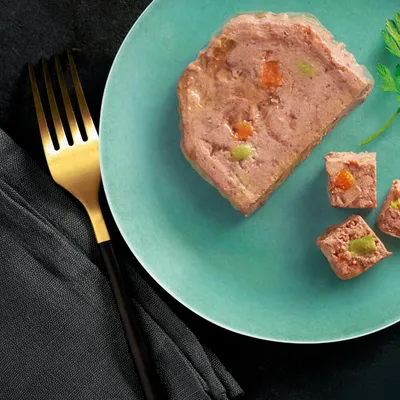 Portion de pâtée pour animaux sur une assiette turquoise, morceaux coupés visibles avec inclusions vertes et orange, fourchette dorée à côté.