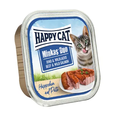 Happy Cat Minkas Duo ternera y salmón salvaje. Trozos sobre paté. Envase con imagen de gato y comida húmeda servida.