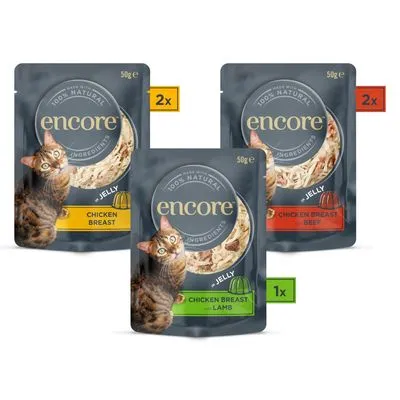 Encore kattenvoer in jelly, 3 smaken: 2x Chicken Breast, 2x Chicken Breast Beef, 1x Chicken Breast Lamb. Verpakking van 50 g met afbeelding van kat en zichtbare ingrediënten.