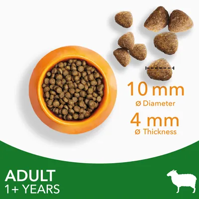 Kibble size guide showing 10 mm diameter and 4 mm thickness, suitable for adult animals aged 1 year and older.
