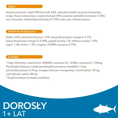 Skład: kurczak i indyk 39 %, kukurydza, sorgo, tuńczyk 4 %. Składniki analityczne: białko 35 %, tłuszcz 14 %, popiół 7 %. Dodatki: witamina A 50000 IU, D₃ 1438 IU, E 124 mg. DOROSŁY 1+ LAT.