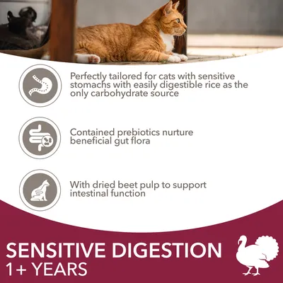 Text v angličtine: Sensitive Digestion 1+ Years. Perfectly tailored for cats with sensitive stomachs, easily digestible rice, prebiotics, dried beet pulp na podporu trávenia.
