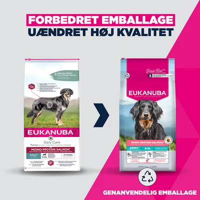 Sammenligning af gammel og ny Eukanuba-emballage til Mono-Protein Salmon Adult S-XL, bemærkning om forbedret og genanvendelig emballage, kvaliteten forbliver uændret. Sammenligning af gammel og ny Eukanuba-emballage til Mono-Protein Salmon Adult S-XL, bemærkning om forbedret og genanvendelig emballage, kvaliteten forbliver uændret.