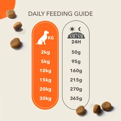 Utfodringsguide för hund: 2 kg – 50 g, 5 kg – 95 g, 10 kg – 160 g, 15 kg – 215 g, 20 kg – 270 g, 30 kg – 365 g per dag. Text på engelska.