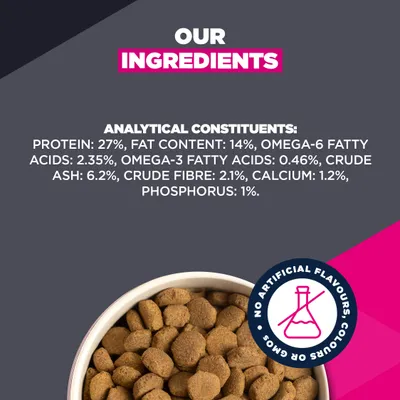 Analytical constituents: protein 27%, fat 14%, omega 6 fatty acids 2.35%, omega-3 fatty acids 0.46%, crude ash 6.2%, crude fibre 2.1%, calcium 1.2%, phosphorus 1%. Analytical constituents: protein 27%, fat 14%, omega 6 fatty acids 2.35%, omega-3 fatty acids 0.46%, crude ash 6.2%, crude fibre 2.1%, calcium 1.2%, phosphorus 1%.