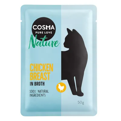 Sachet Cosma Pure Love Nature, Chicken Breast in Broth, 100% natural ingredients, silhouette de chat, 50 g. Texte en anglais sur l'emballage.