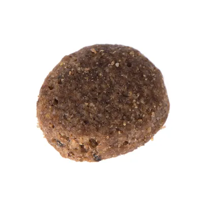 Primo piano di un croccantino marrone e granuloso con superficie irregolare.