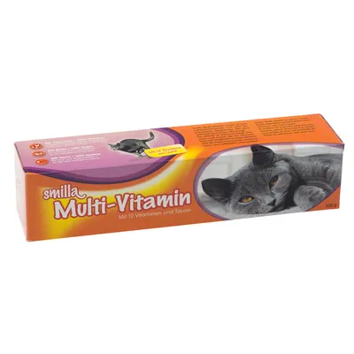 Упаковка Smilla Multi-Vitamin, надпись: Mit 12 Vitaminen und Taurin, изображение серой кошки, масса 200 г