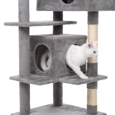 Grey cat tree with multiple levels, a cave, and a white cat model looking out from the cave. Sisal-wrapped post visible.