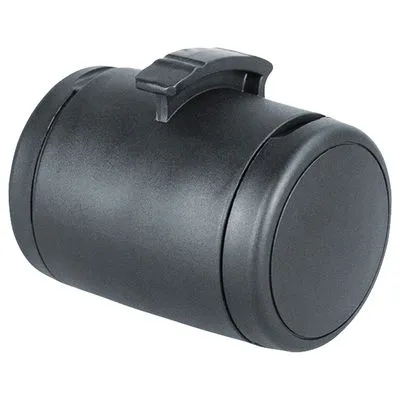 Recipiente cilíndrico preto em plástico com tampa e clip visível na parte superior. Não apresenta marcas ou texto visíveis.