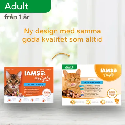 IAMS Delights Sea Collection för vuxna katter från 1 år, bild på gammal och ny förpackningsdesign med text: Ny design med samma goda kvalitet som alltid.