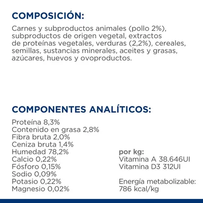 Composición: carnes y subproductos animales (pollo 2%), vegetales, verduras (2,2%), cereales, minerales. Componentes analíticos: proteína 8,3 %, grasa 2,8 %, humedad 78,2 %, energía 786 kcal/kg.